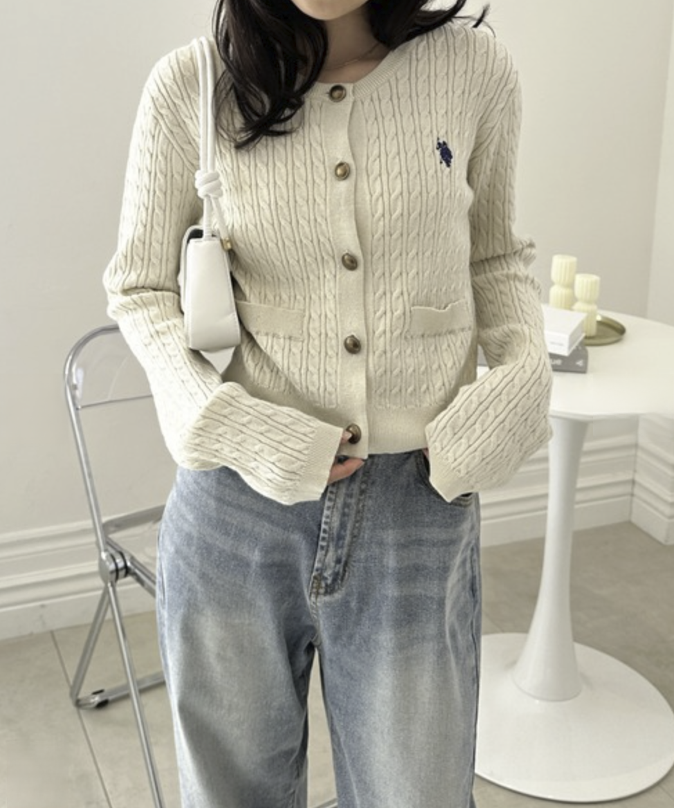日本直送26SS U.S.POLO ASSN. Gold Button Embroidered Cable Knitted Cardigan