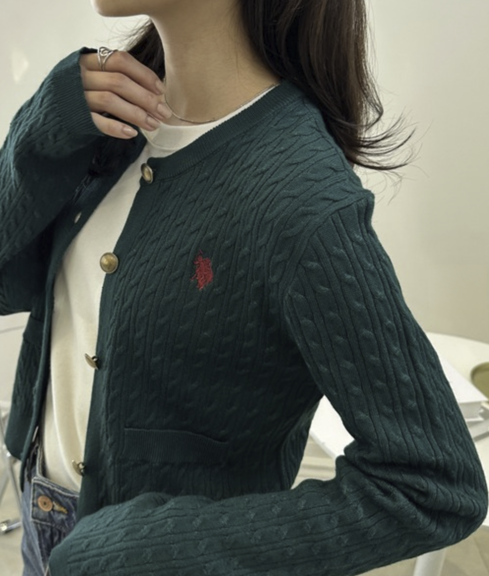 日本直送26SS U.S.POLO ASSN. Gold Button Embroidered Cable Knitted Cardigan