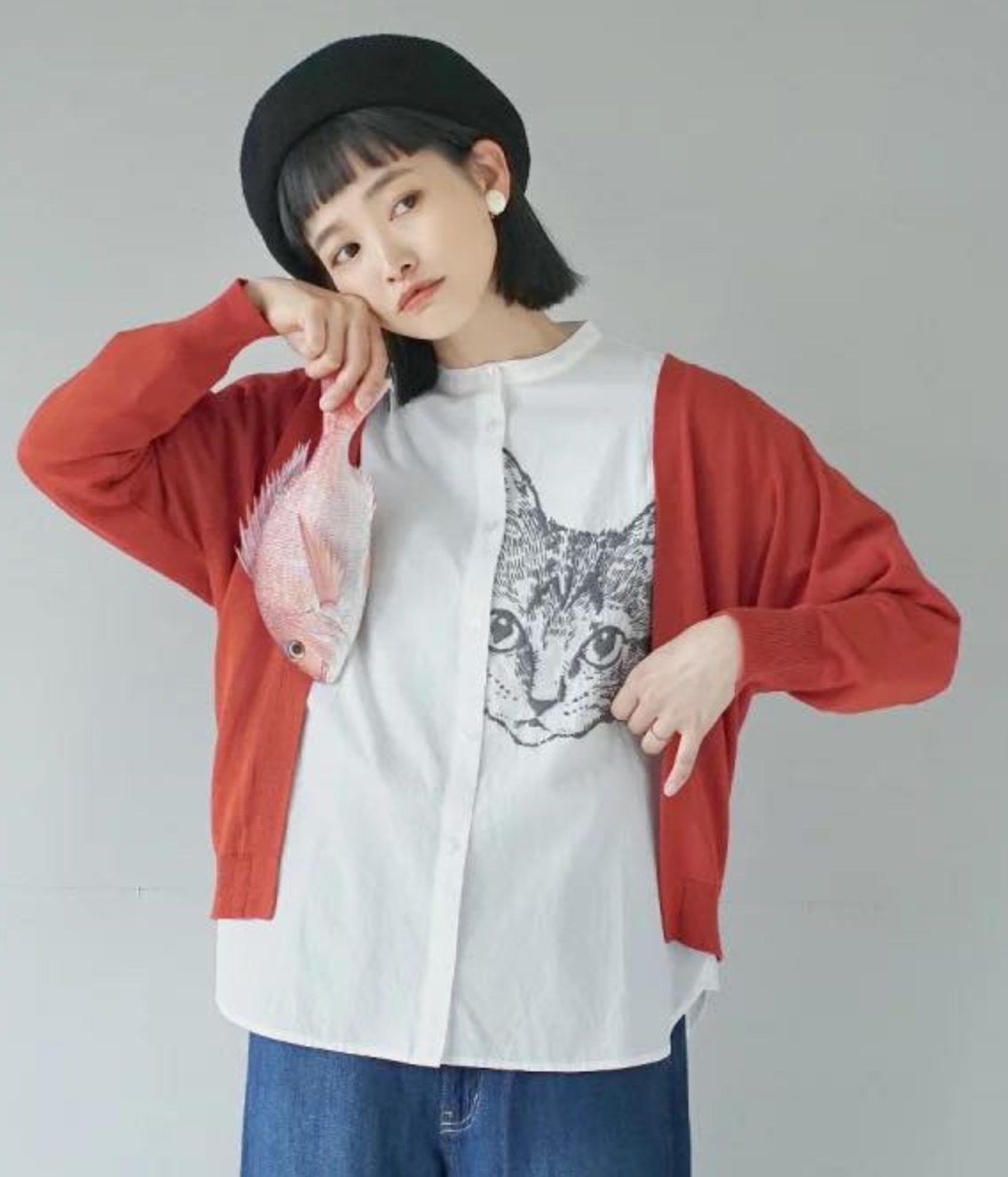 日本直送 Cat Face Embroidery Style Printed Shirt