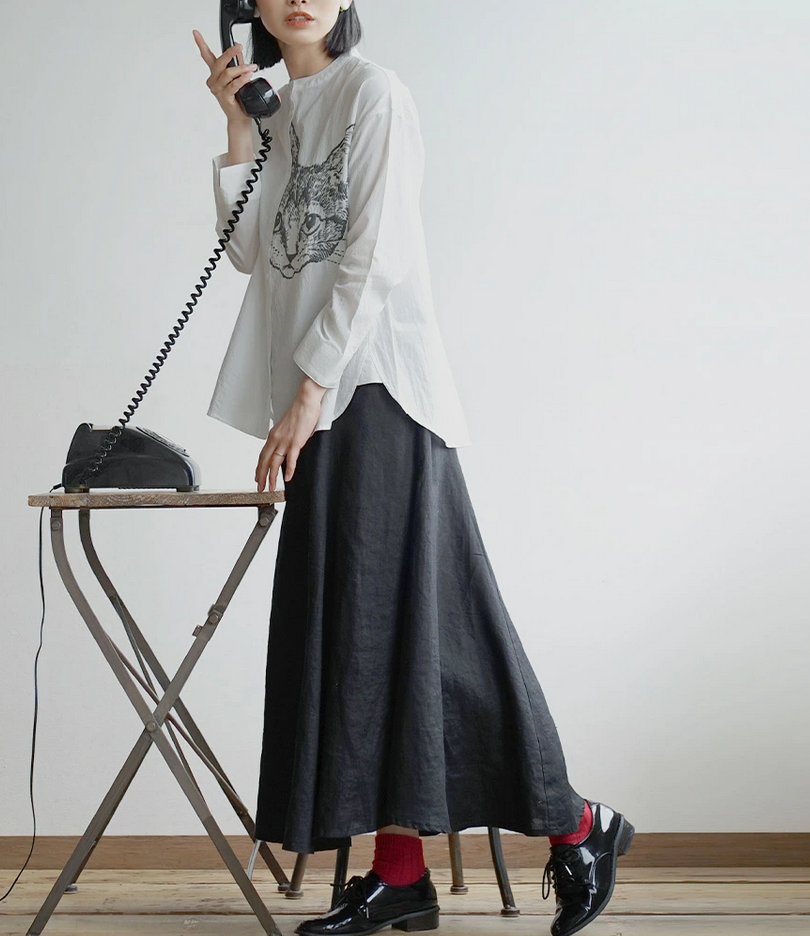 日本直送 Cat Face Embroidery Style Printed Shirt