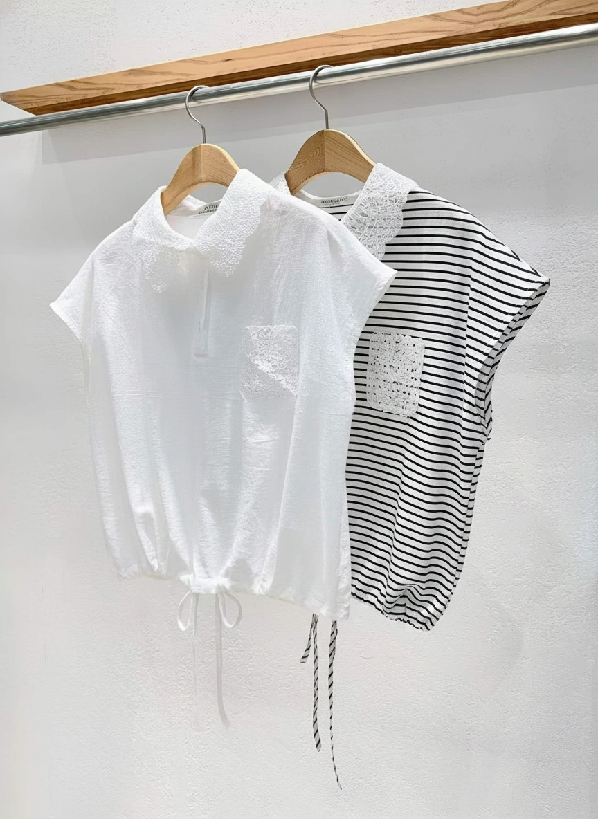 韓國直送French Vintage Cap-Sleeve Polo