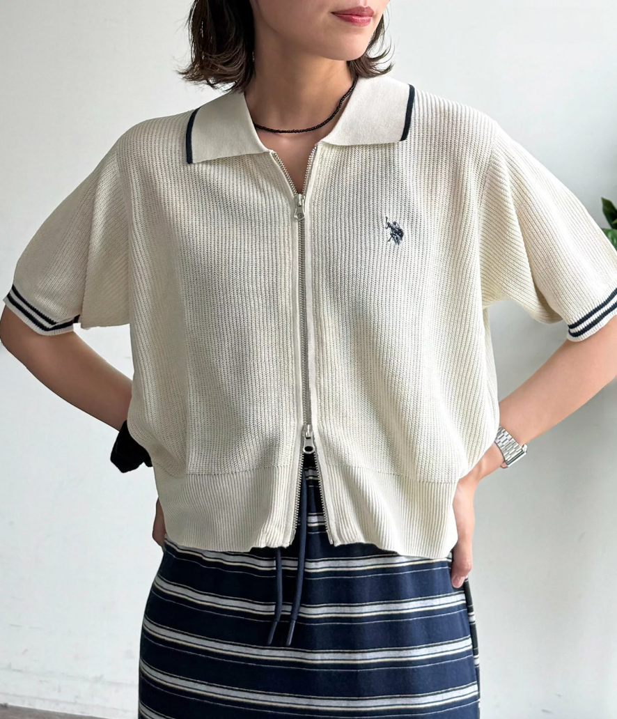 Direct from Japan US Polo Collared Zip Short-Sleeve Cardigan