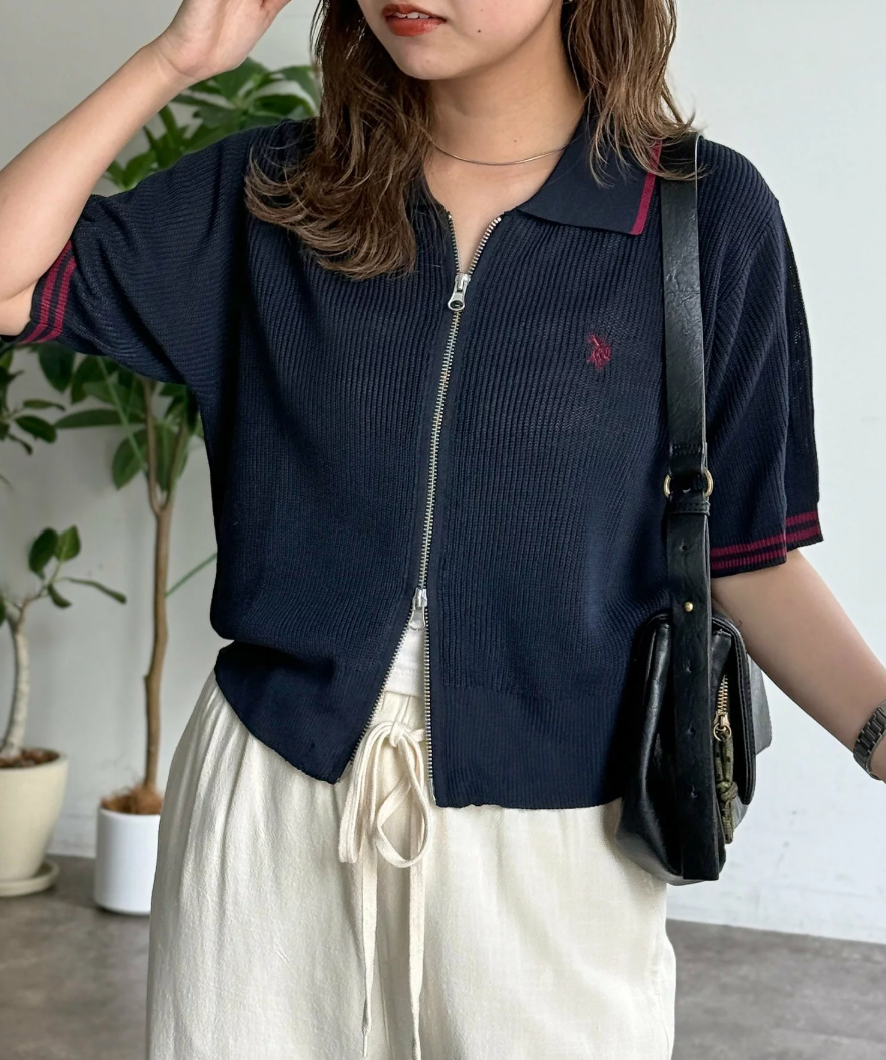Direct from Japan US Polo Collared Zip Short-Sleeve Cardigan