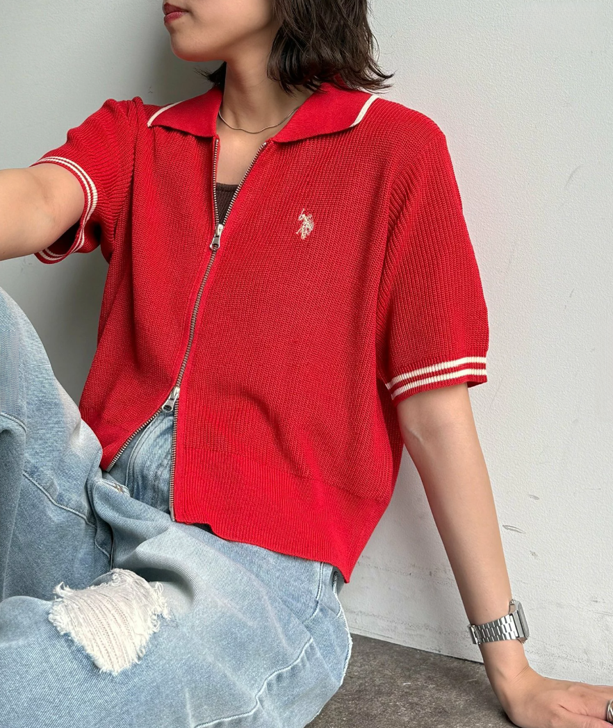 Direct from Japan US Polo Collared Zip Short-Sleeve Cardigan