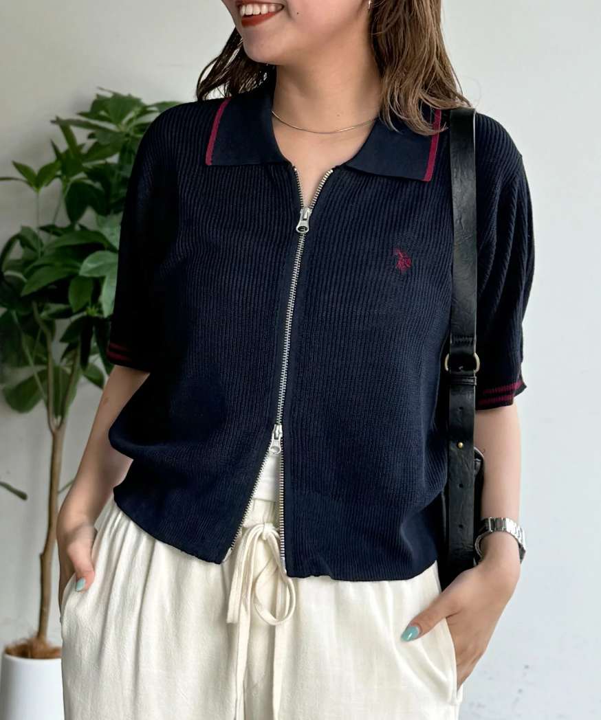 Direct from Japan US Polo Collared Zip Short-Sleeve Cardigan