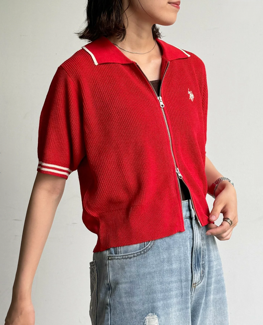 Direct from Japan US Polo Collared Zip Short-Sleeve Cardigan