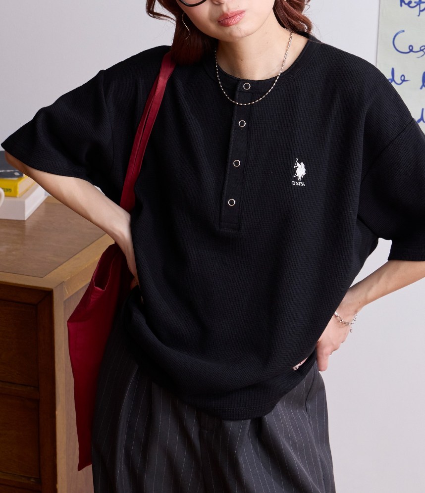日本直送 U.S. POLO ASSN 別注 Embroidered Waffle Henley Neck Tee