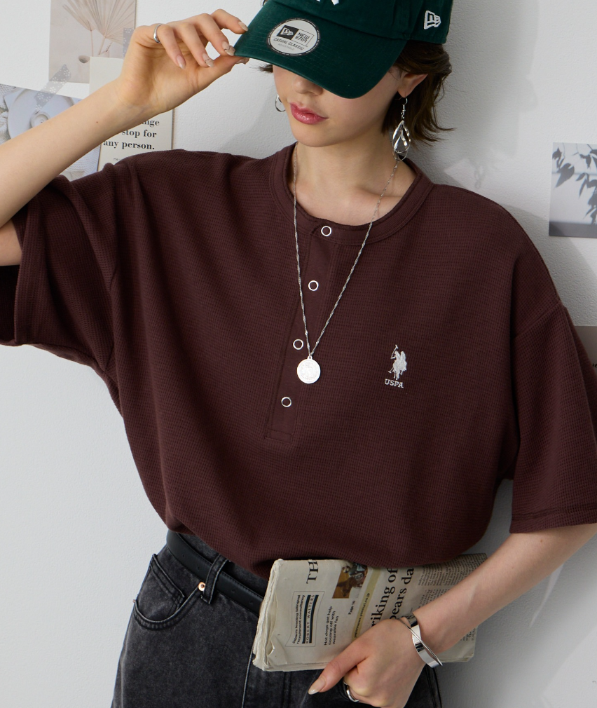 日本直送 U.S. POLO ASSN 別注 Embroidered Waffle Henley Neck Tee
