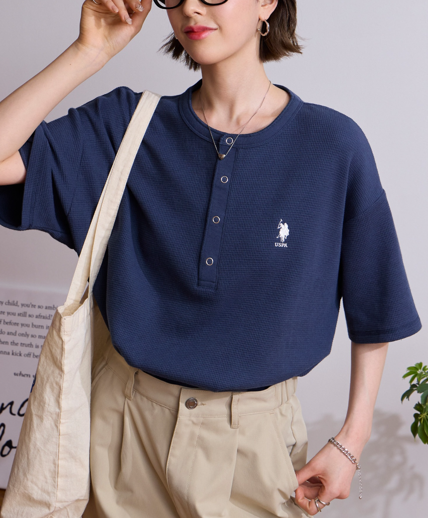 日本直送 U.S. POLO ASSN 別注 Embroidered Waffle Henley Neck Tee