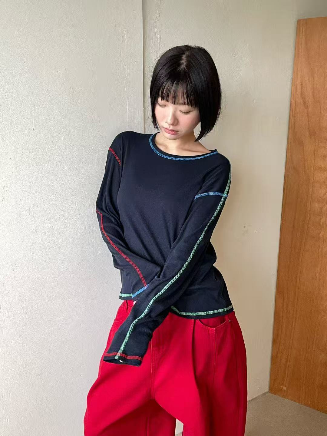 韓國直送Casual Contrast Stitch Top