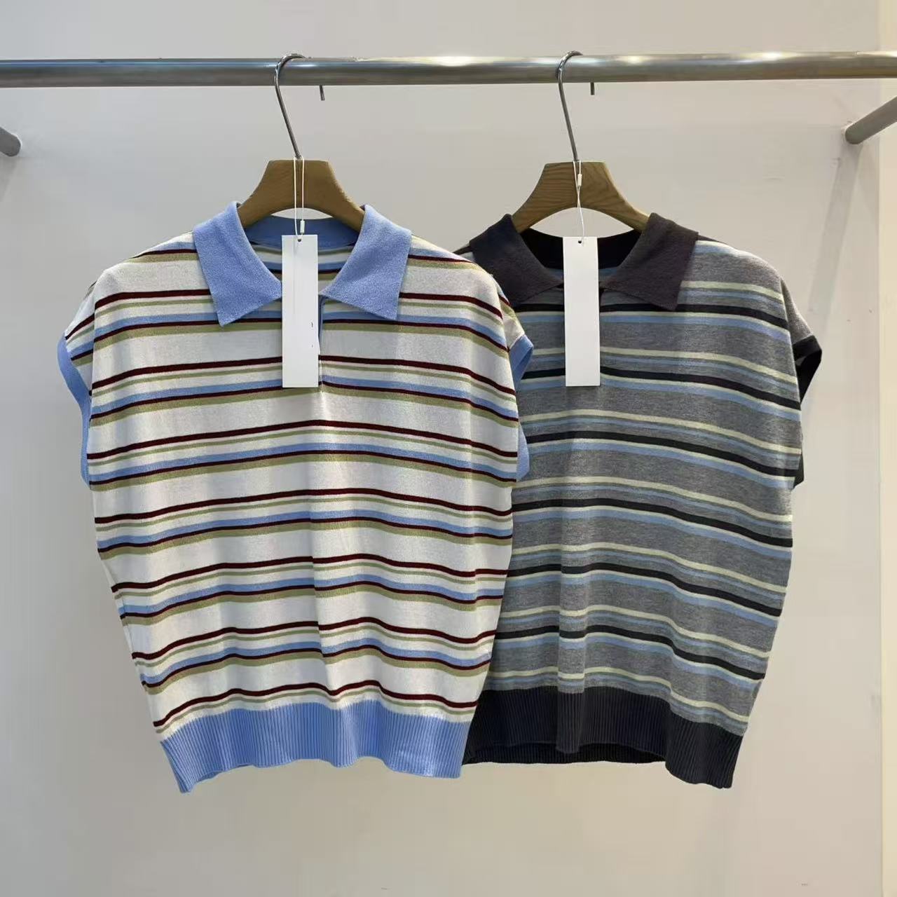 Korean direct delivery Retro Breeze Striped Polo Knit