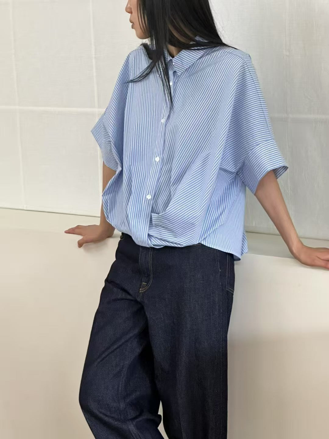 Korean-Style Twisted Front Striped Shirt