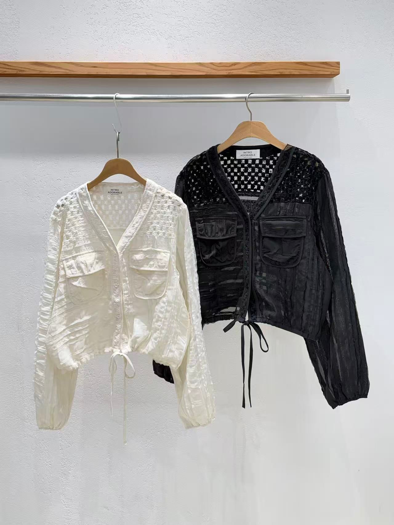 Korean Direct Delivery Sheer Patchwork Pocket Top