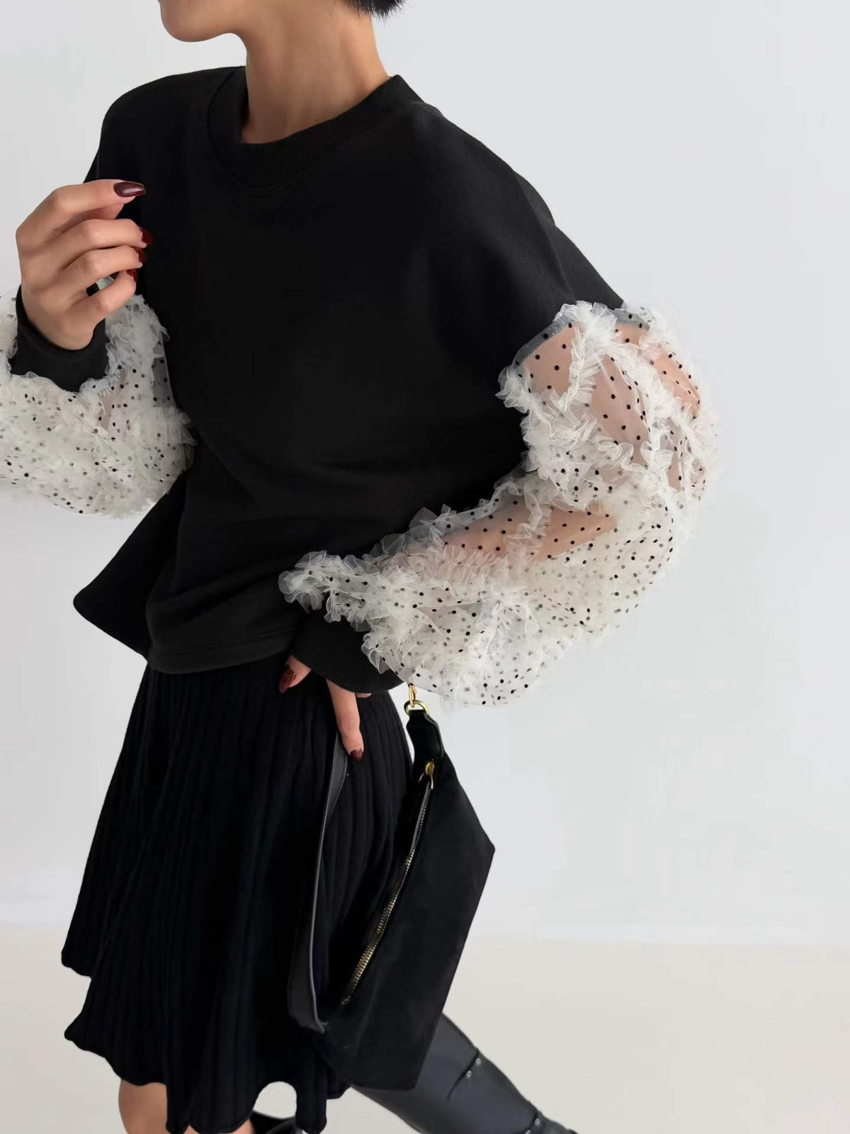 韓國直送Dot Tulle Sweat / Pleat Knit Skirt