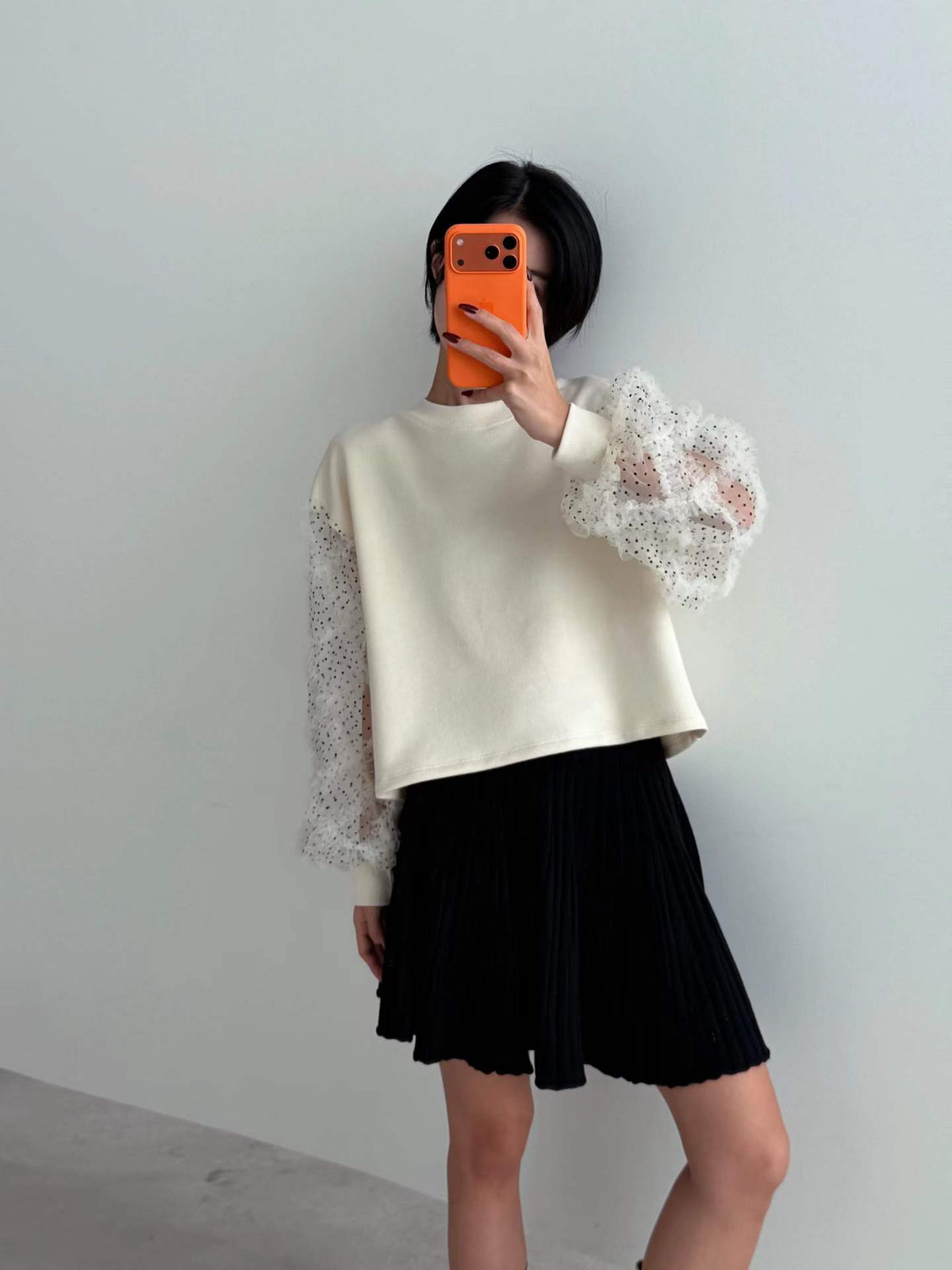 韓國直送Dot Tulle Sweat / Pleat Knit Skirt