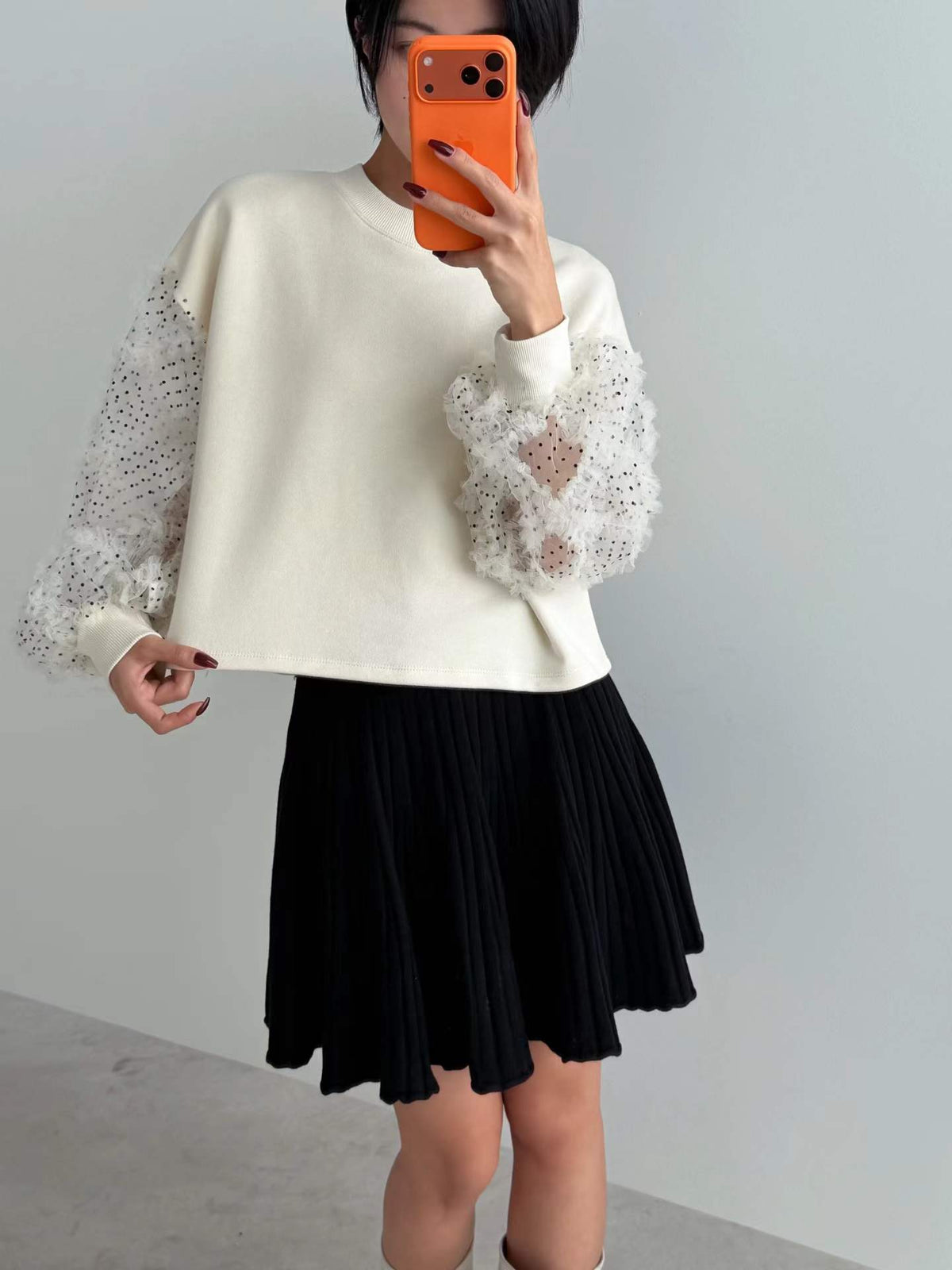 韓國直送Dot Tulle Sweat / Pleat Knit Skirt