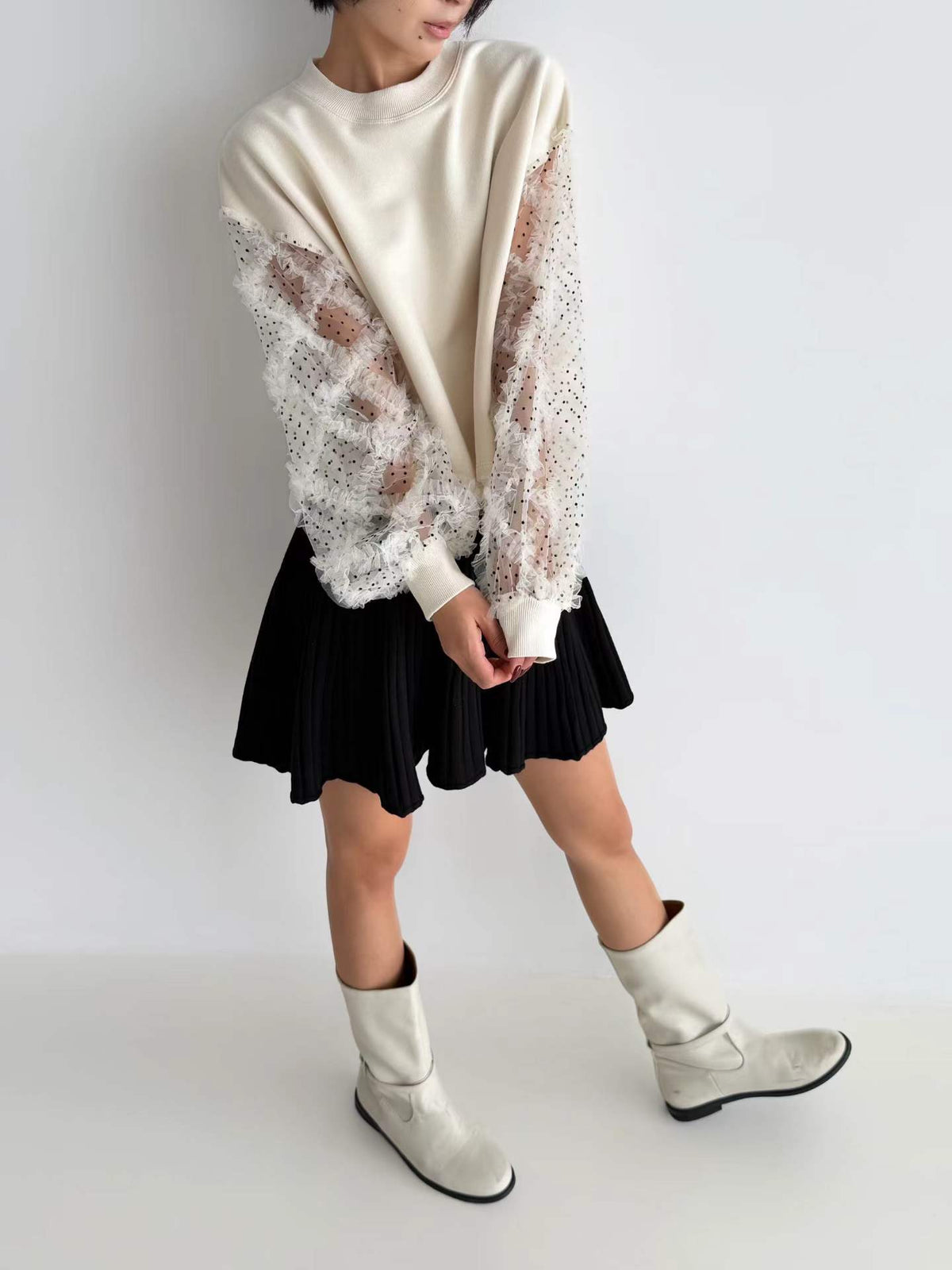 韓國直送Dot Tulle Sweat / Pleat Knit Skirt