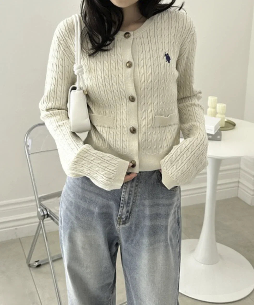 日本直送26SS U.S.POLO ASSN. Gold Button Embroidered Cable Knitted Cardigan - HLY & CHOCCICO