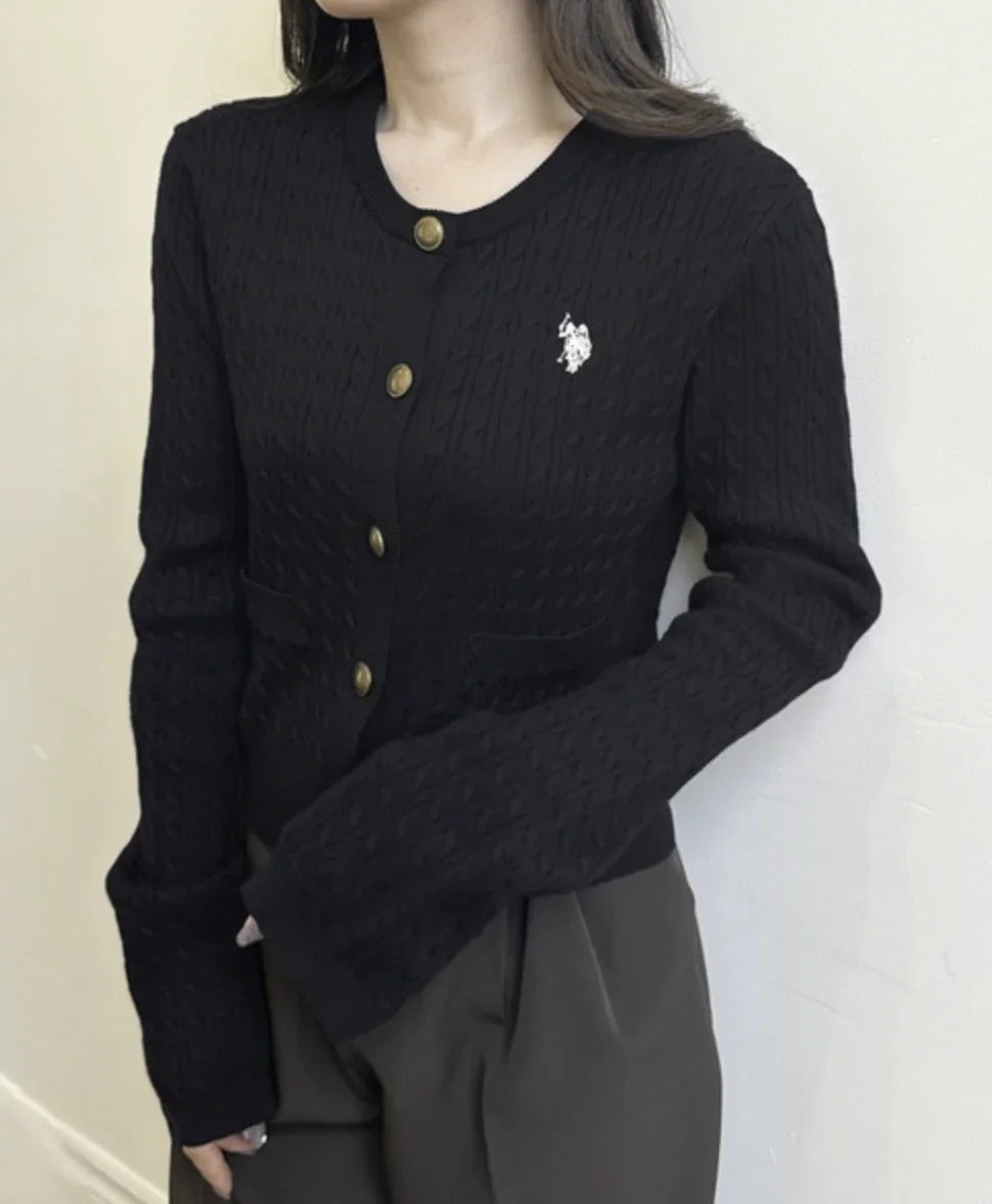 日本直送26SS U.S.POLO ASSN. Gold Button Embroidered Cable Knitted Cardigan - HLY & CHOCCICO