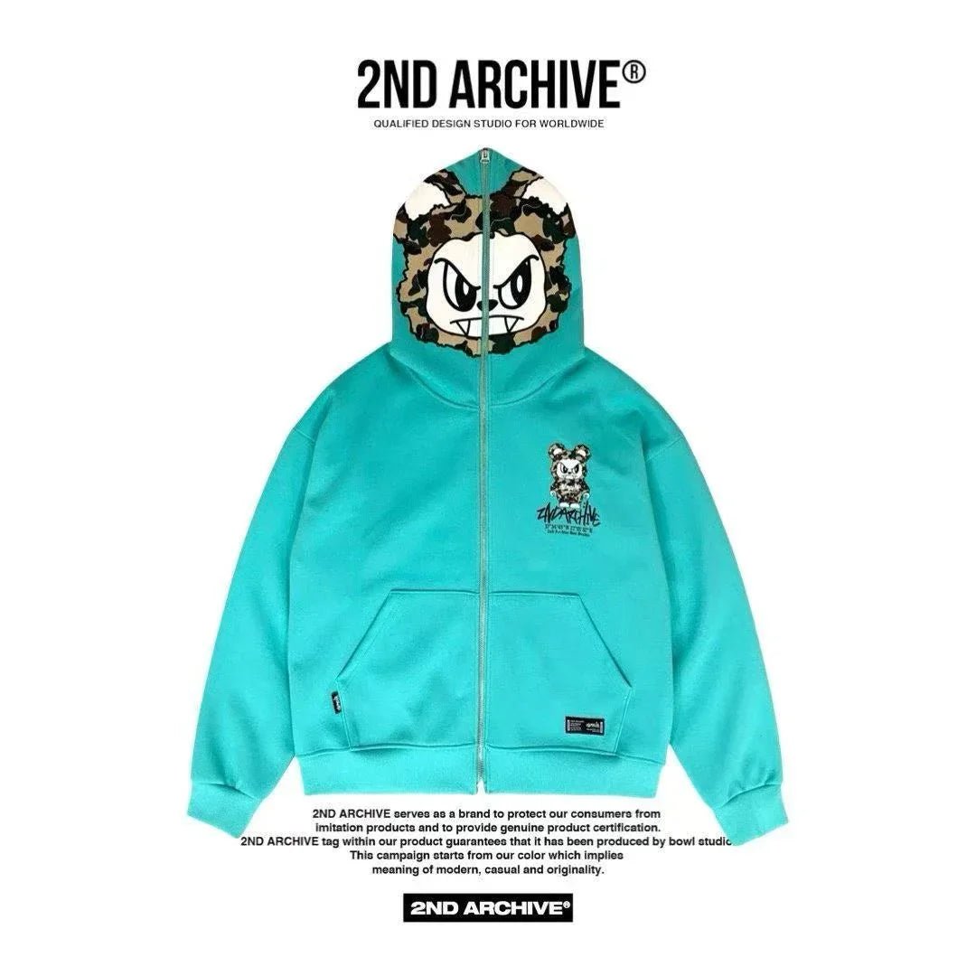 韓國直送🇰🇷 2ND ARCHIVE Angry Camo Bear Pulhood Zip - up - HLY & CHOCCICO