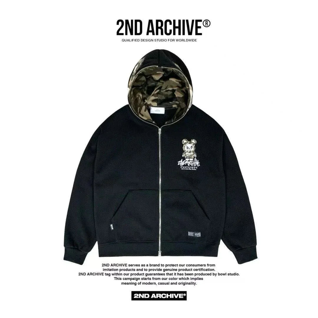 韓國直送🇰🇷 2ND ARCHIVE Angry Camo Bear Pulhood Zip - up - HLY & CHOCCICO