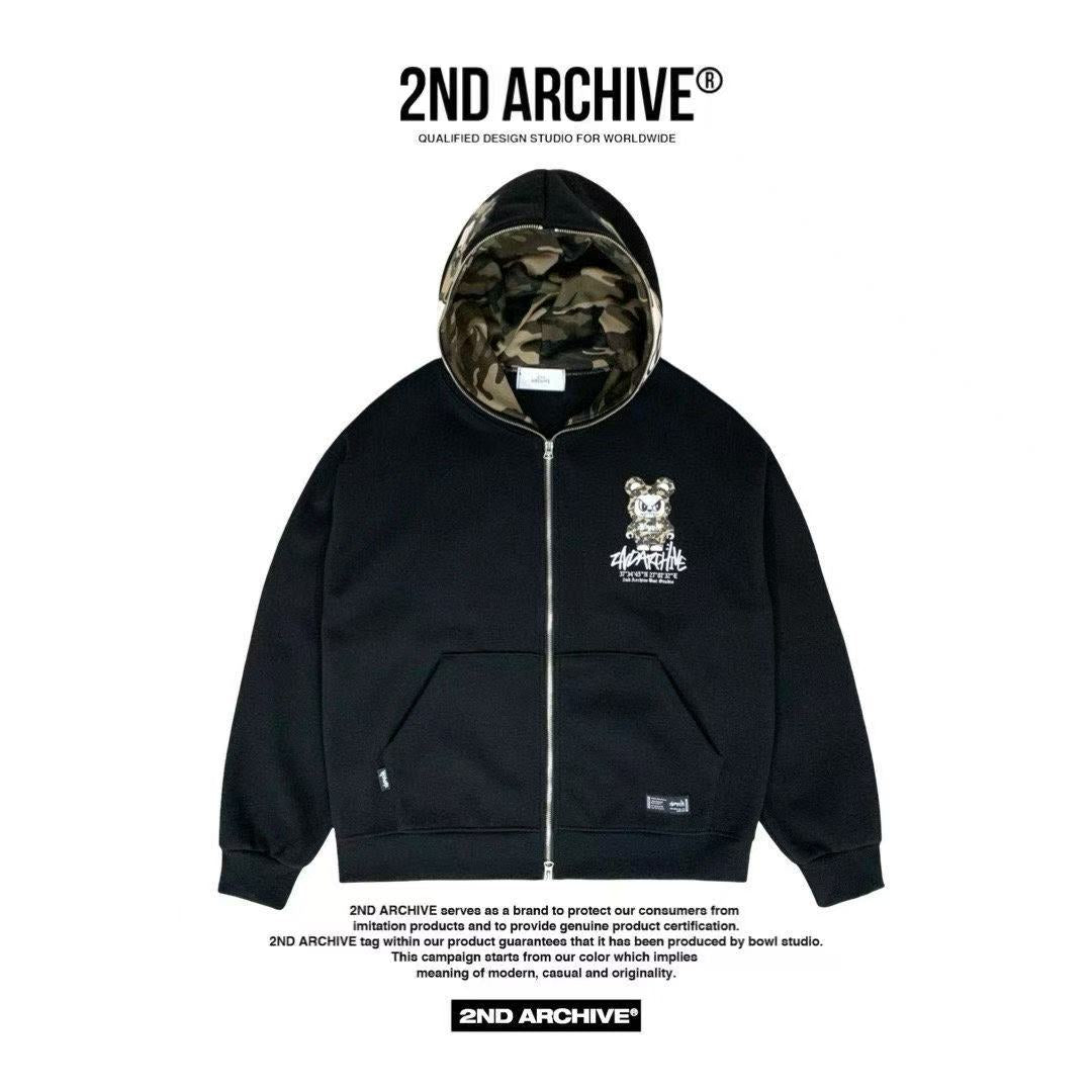 韓國直送🇰🇷 2ND ARCHIVE Angry Camo Bear Pulhood Zip -up HLY & CHOCCICO
