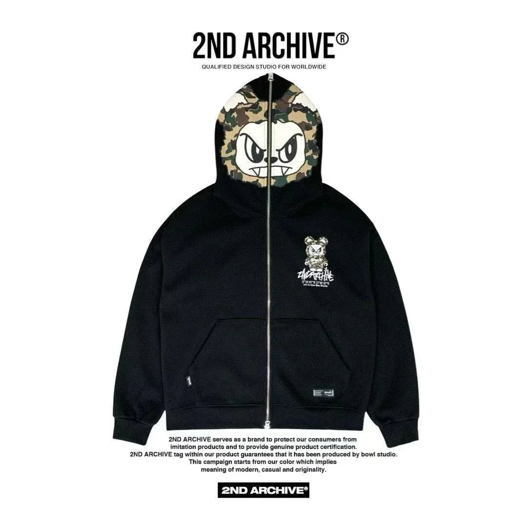 韓國直送🇰🇷 2ND ARCHIVE Angry Camo Bear Pulhood Zip - up - HLY & CHOCCICO