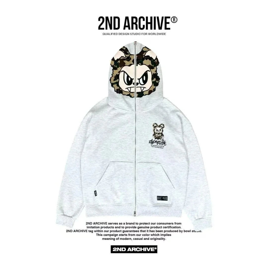 韓國直送🇰🇷 2ND ARCHIVE Angry Camo Bear Pulhood Zip - up - HLY & CHOCCICO