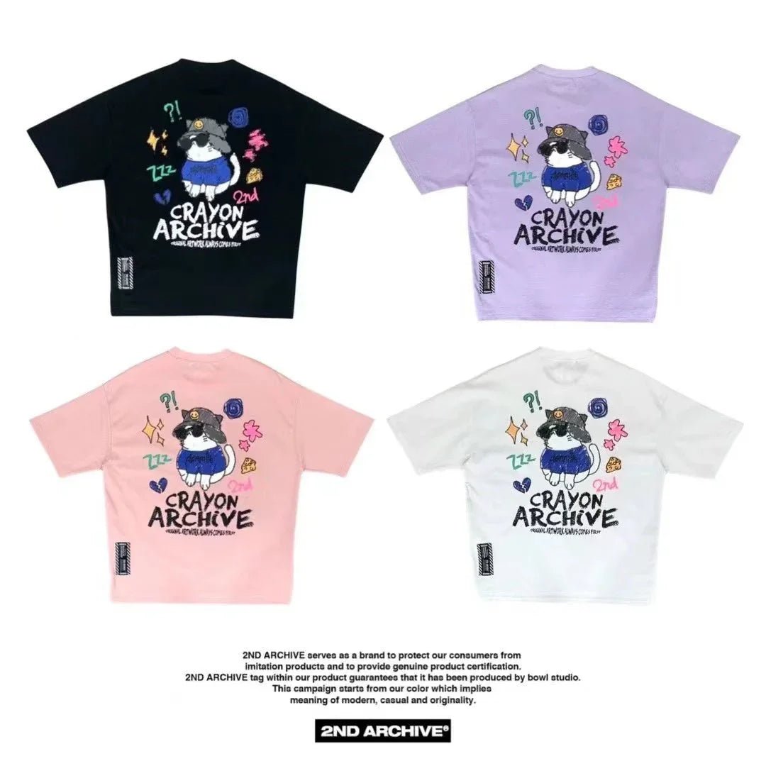 韓國直送🇰🇷 2ND ARCHIVE Crayon Cat Short Sleeve Tee - 4 Color - HLY & CHOCCICO