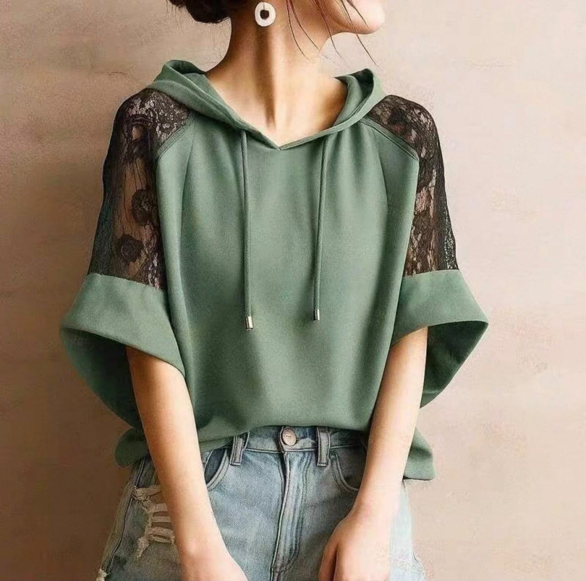 日本直送Lace Spliced Elegant Hoodie Top
