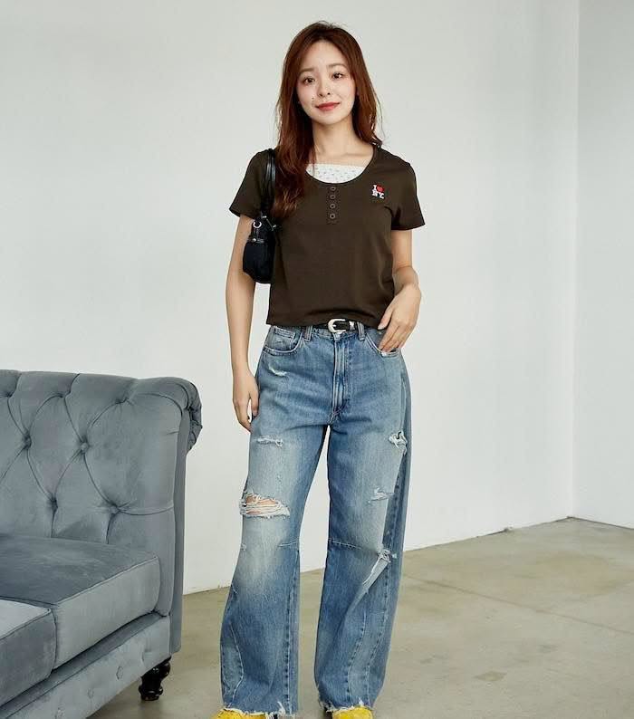 Direct from Japan: I Love NY Flower Pattern Layered Henley Neck Tee