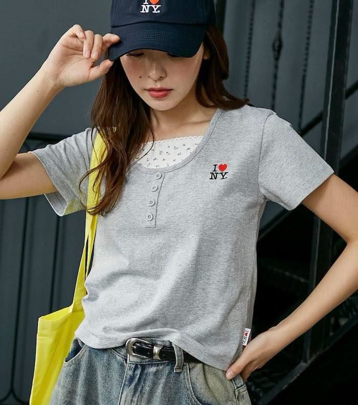 Direct from Japan: I Love NY Flower Pattern Layered Henley Neck Tee