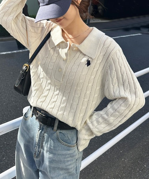日本直送【U.S. POLO ASSN.】Soft Cable Knit Polo Pullover - 8 Colors