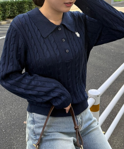 日本直送【U.S. POLO ASSN.】Soft Cable Knit Polo Pullover - 8 Colors