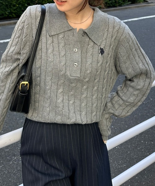 日本直送【U.S. POLO ASSN.】Soft Cable Knit Polo Pullover - 8 Colors