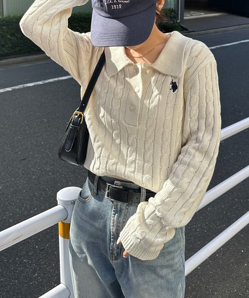 日本直送【U.S. POLO ASSN.】Soft Cable Knit Polo Pullover - 8 Colors