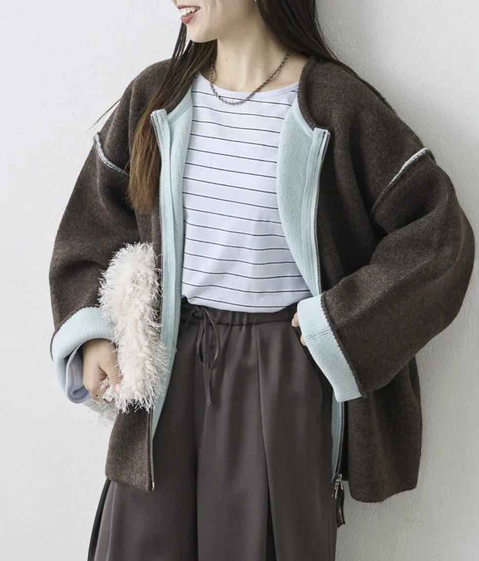 日本直送Double Zip Color Scheme yak like knit cardigan - HLY & CHOCCICO