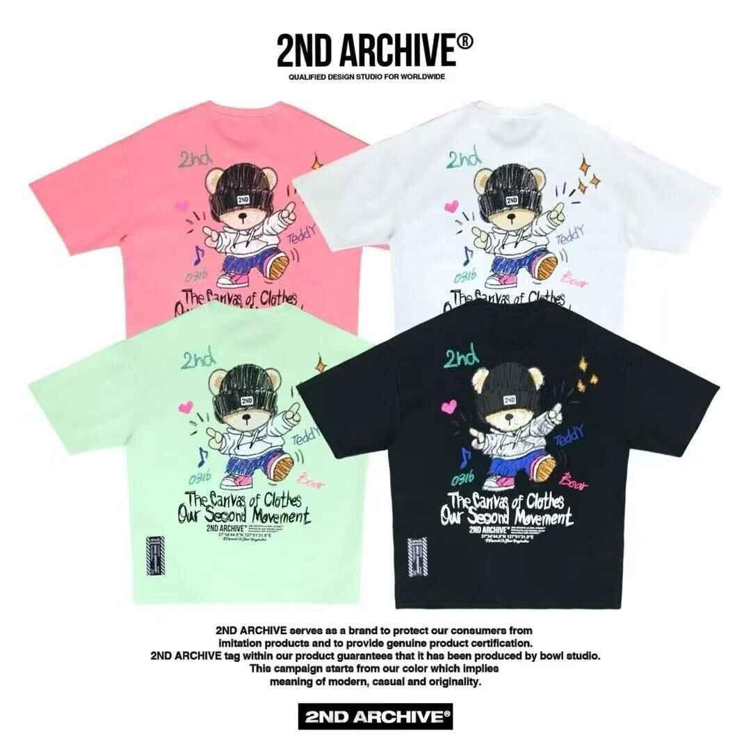 Cute teddy bear graphic tee shirts in black, pink, white, and mint green from 2ND ARCHIVE.