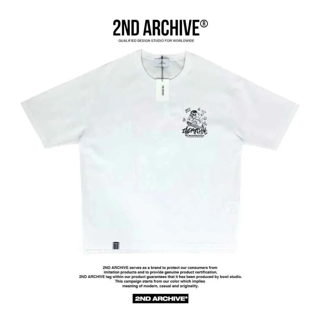 White 2ND ARCHIVE unisex t-shirt with black chest graphic and tag, modern streetwear style