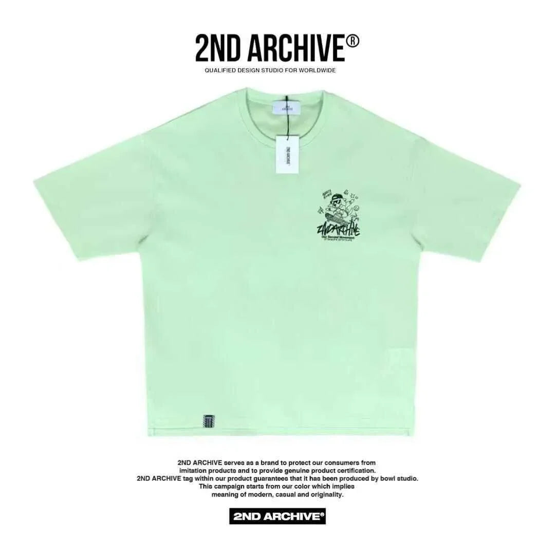 Light green 2ND ARCHIVE short sleeve graphic tee with cartoon print on chest, modern casual style