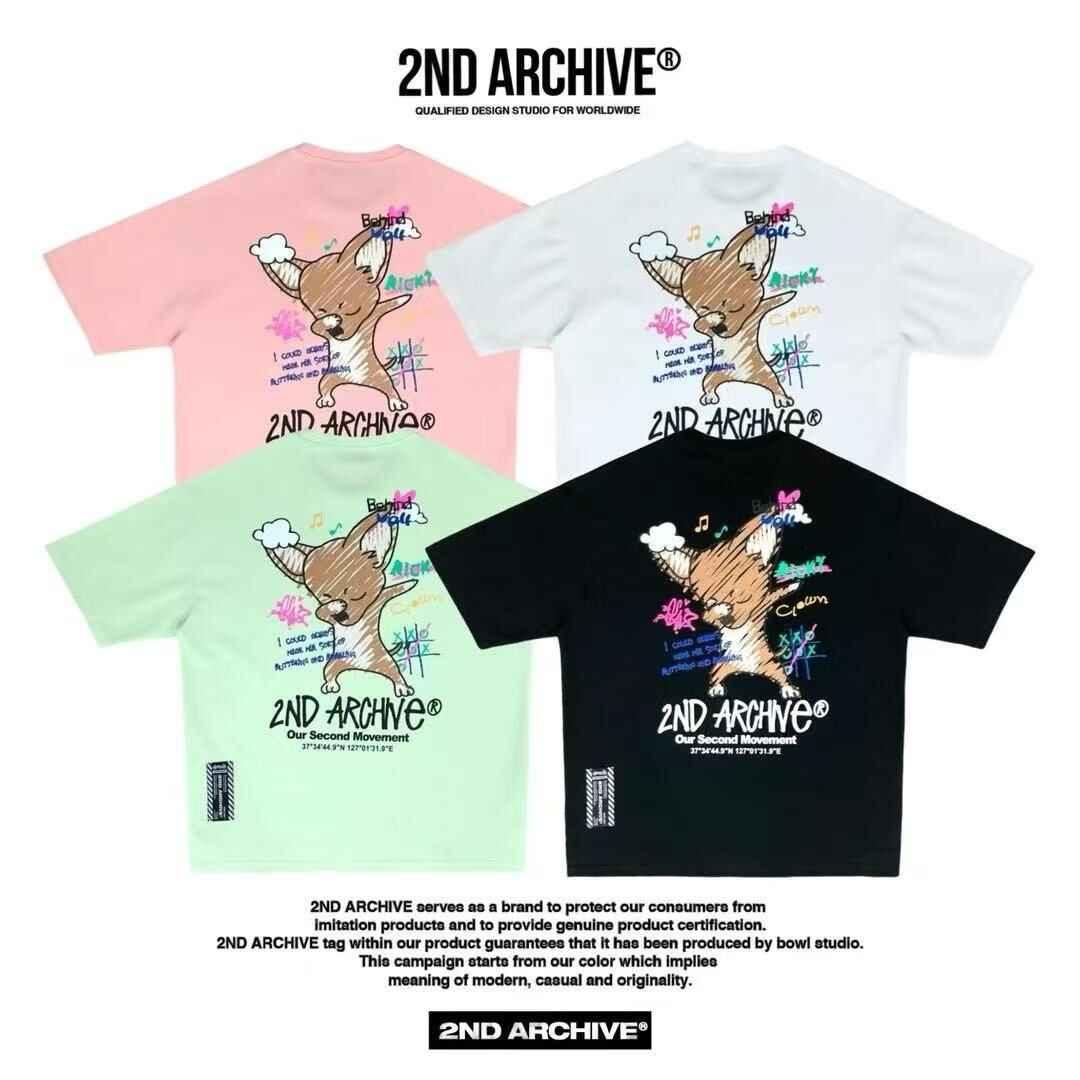 Korean style unisex T-shirts in black, pink, white, and mint green with cartoon fox graphic and colorful graffiti text on the back, trendy streetwear.