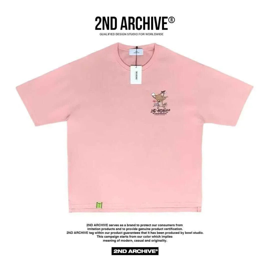 Pink oversized t-shirt with cartoon fox graphic and &