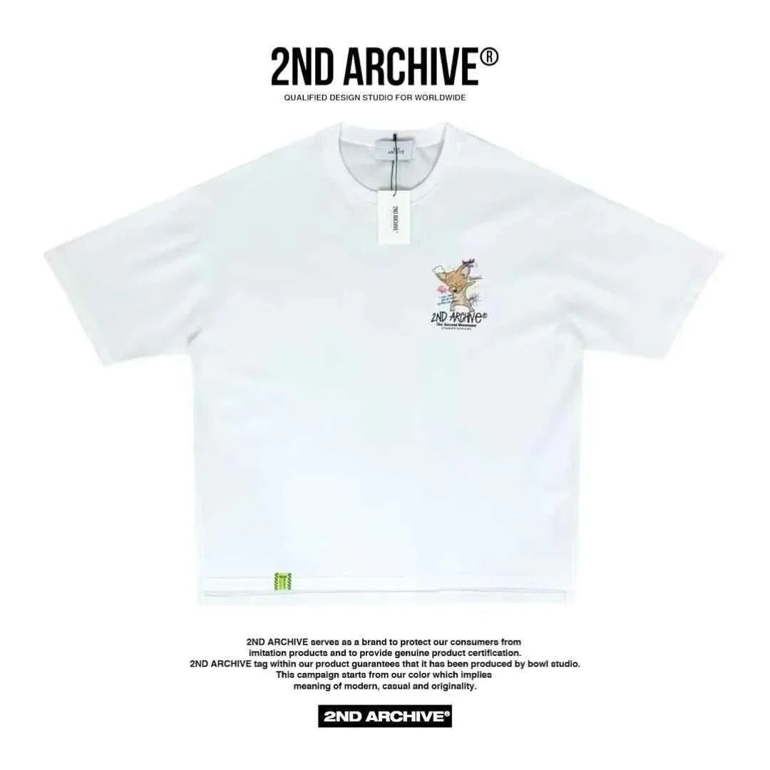 White oversized t-shirt with cartoon fox chest logo and 2ND ARCHIVE text, streetwear style.