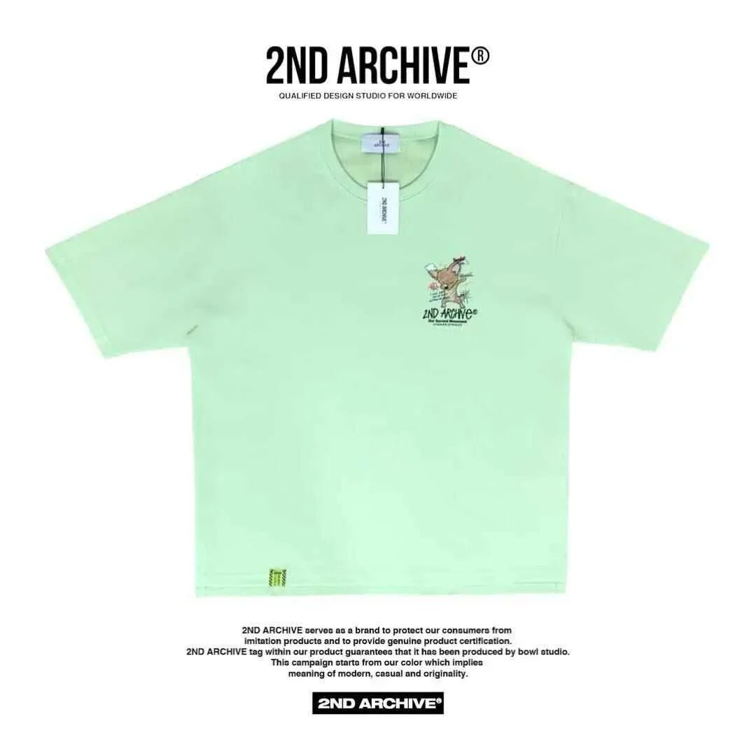 Mint green unisex T-shirt with cartoon fox graphic and 2ND ARCHIVE logo on chest