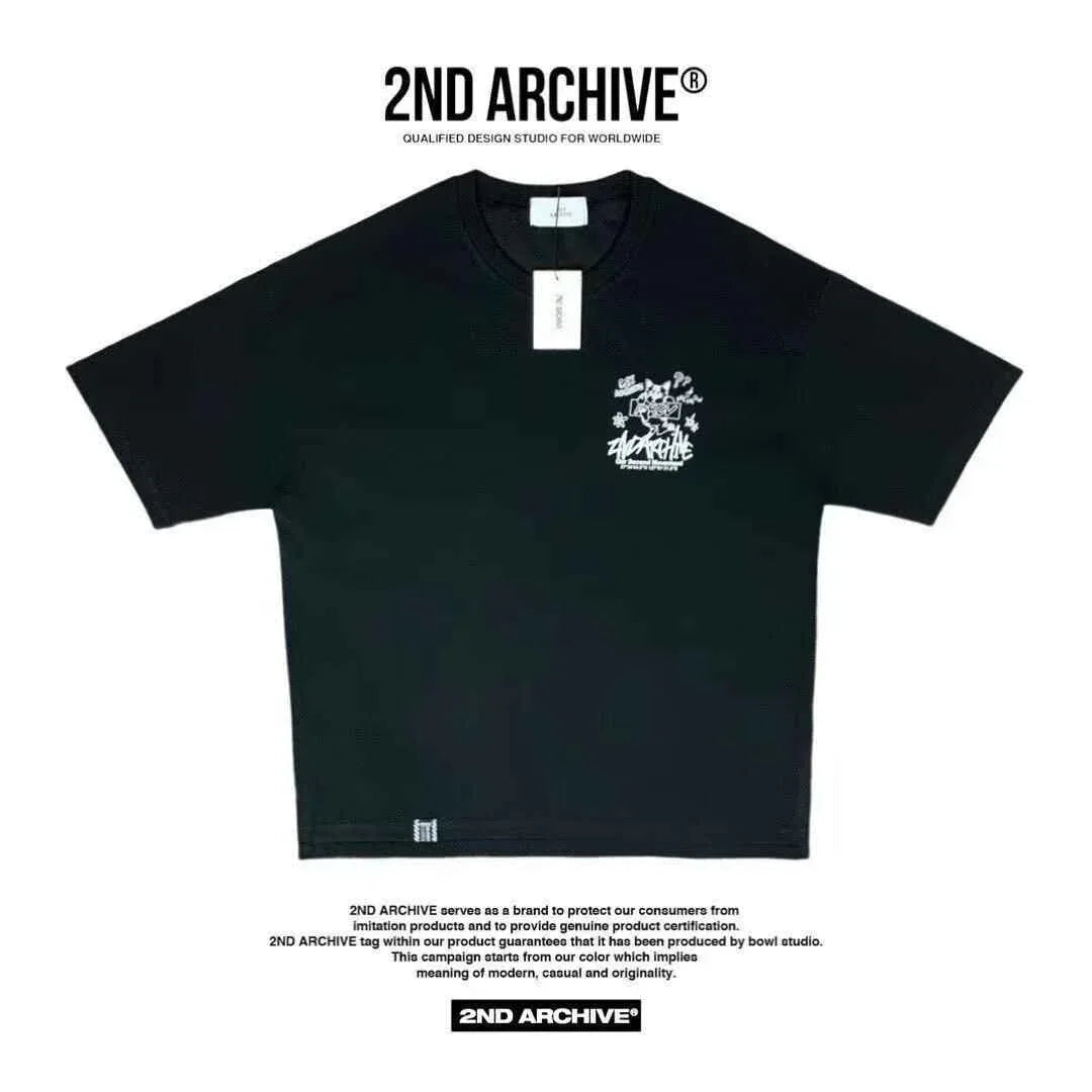 Black graphic T-shirt featuring white chest print and tag, casual streetwear style.