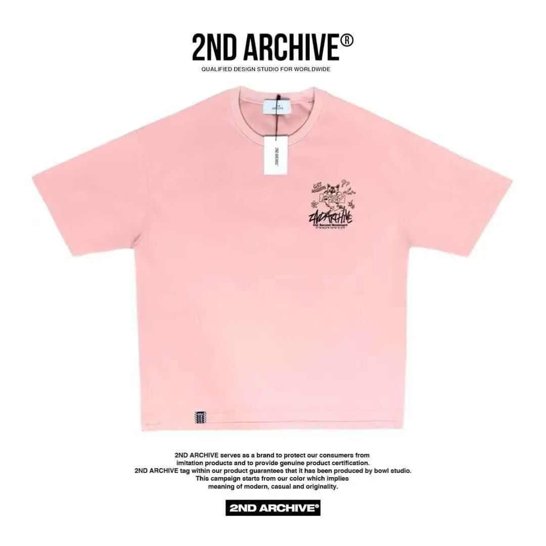 Pink short sleeve t-shirt with black graphic print and text on chest, 2ND ARCHIVE tag visible.