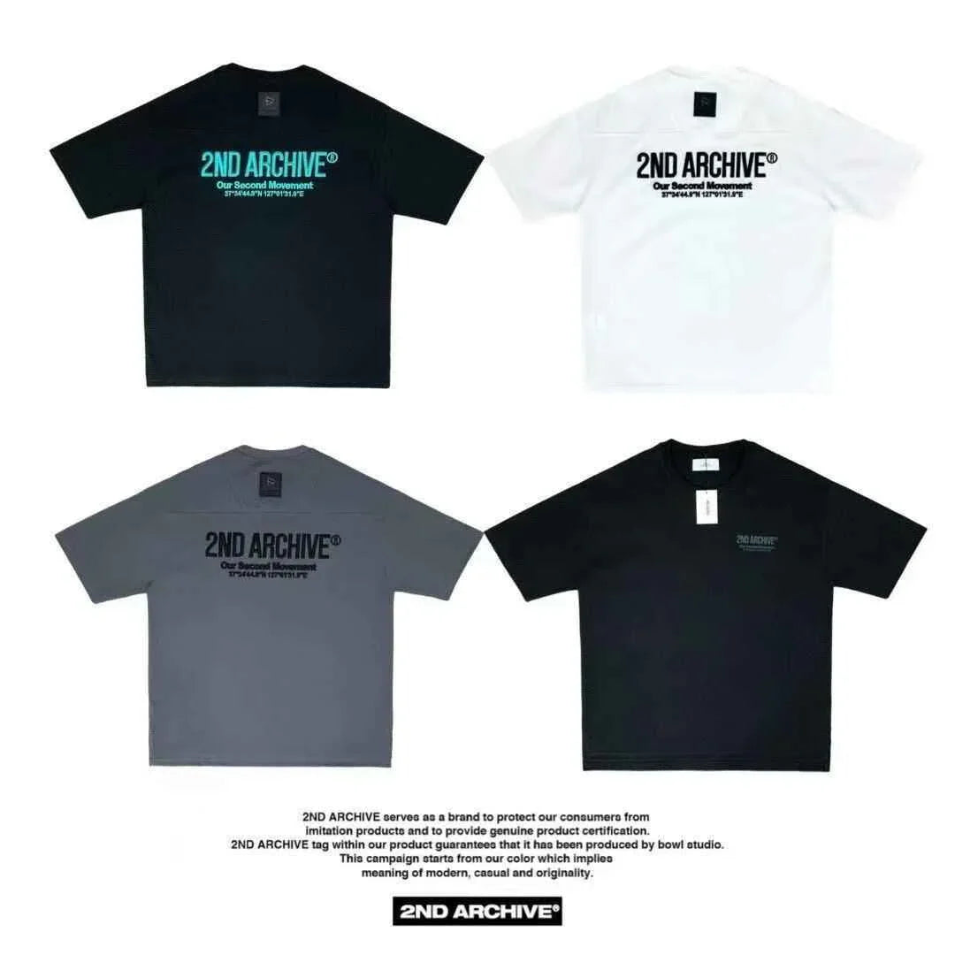 2ND ARCHIVE unisex short sleeve tees in black, white, and gray, back logo design, modern casual style