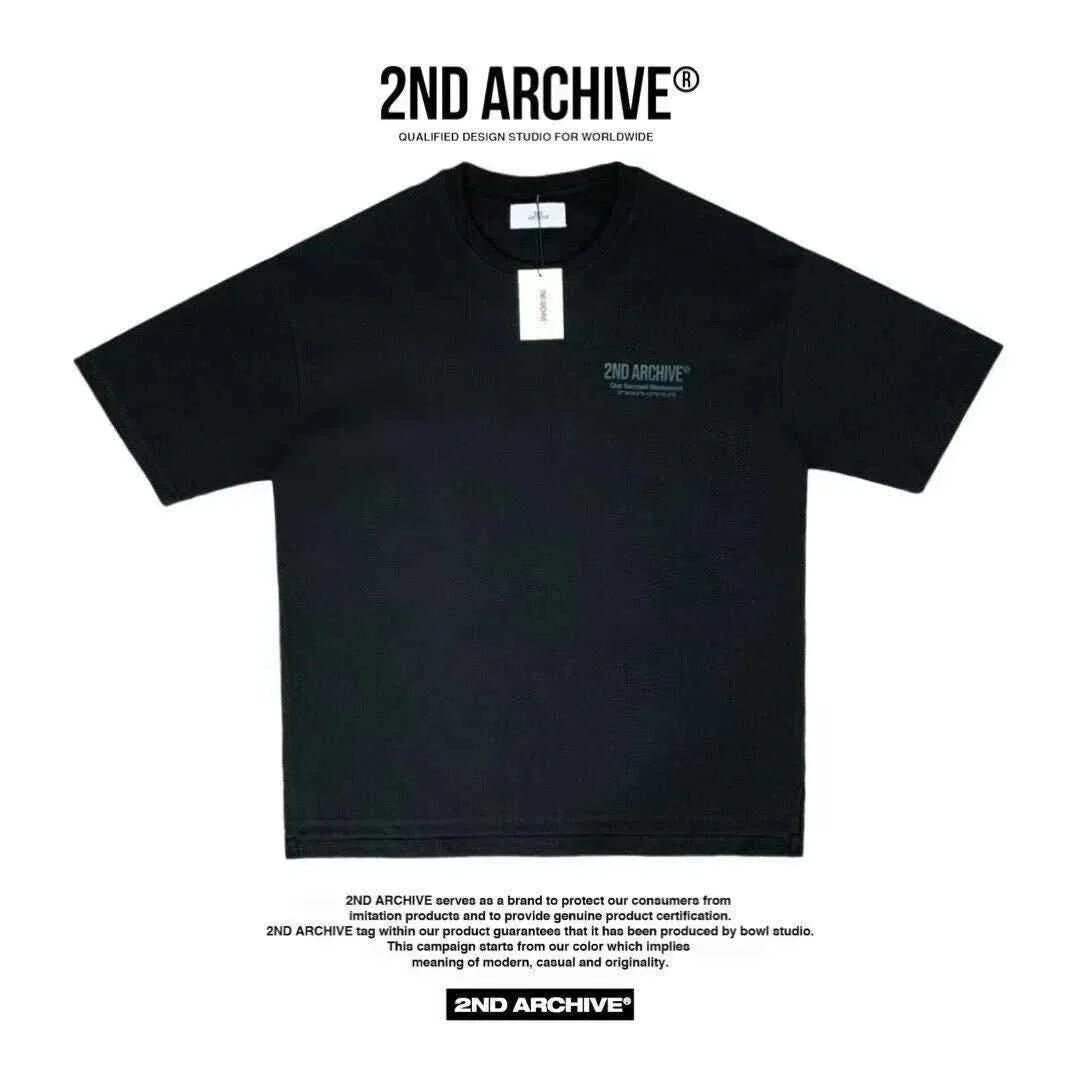 Black short sleeve t-shirt with small embossed 2ND ARCHIVE logo on chest, modern minimalist style