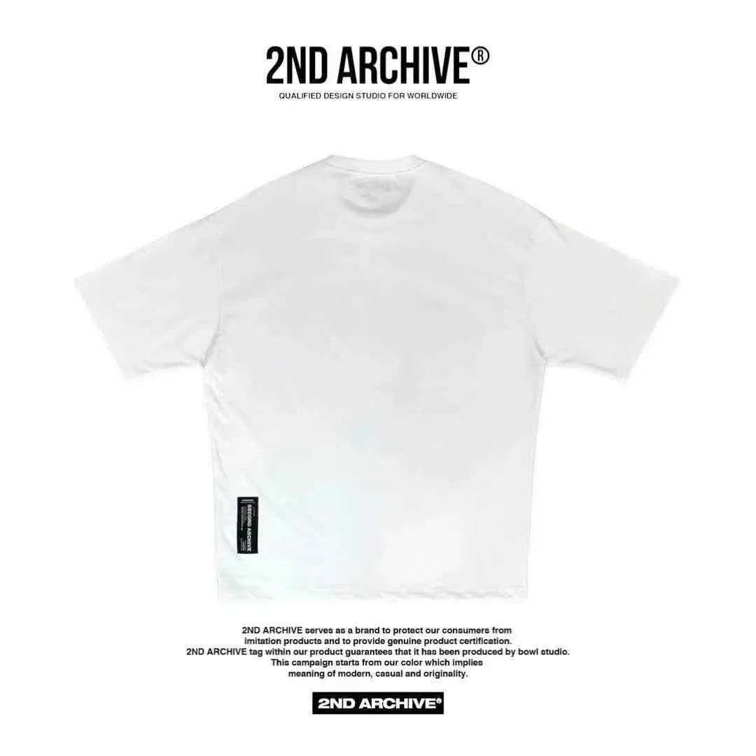 Back view of plain white short sleeve T-shirt with 2ND ARCHIVE label detail