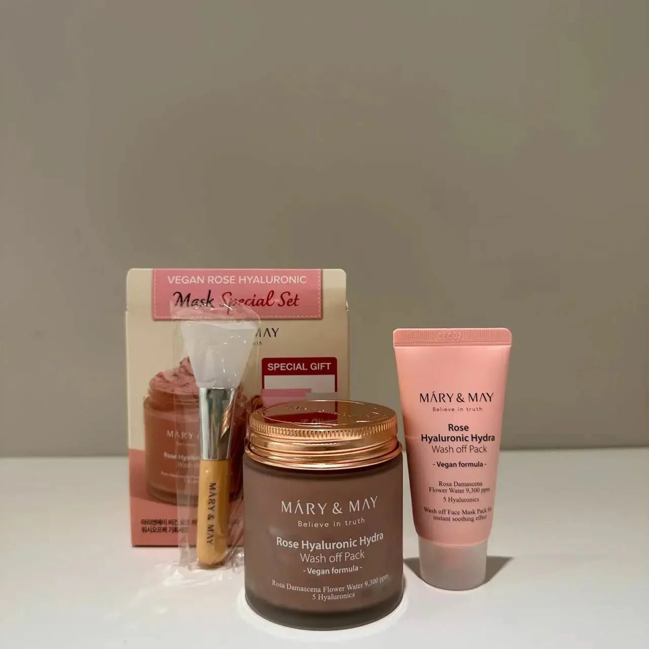 Mary & may 純素玫瑰透明質酸保濕水洗面膜 特別套裝 - 125g+30g (加送掃) - HLY & CHOCCICO